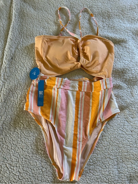 Cupshe Other - Cupshe Peach Bandeau One-Piece with Pink and Yellow Striped High-Waist